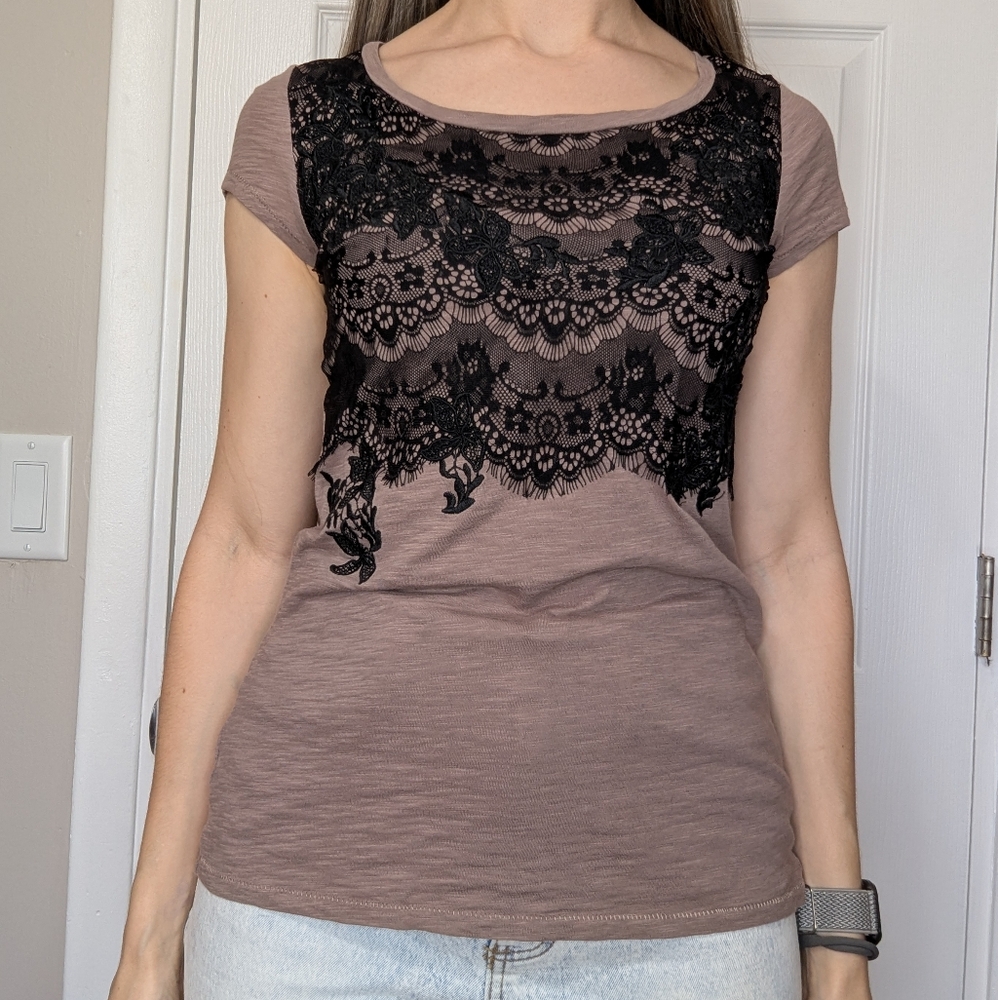 Women's Lace Overlay Top - Black and Brown